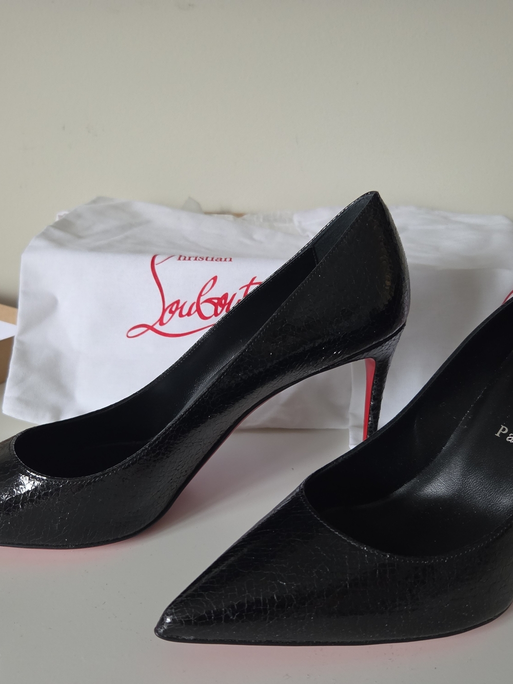 Christian Louboutin Women's Black Patent Leather Pointed-Toe Pumps with Red Sole